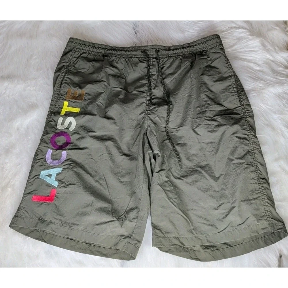 Lacoste Swim Trunks Mens‎ 8 XXXL Olive Green Multi Color Logo Graphic Shorts